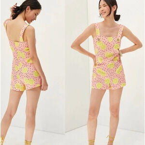 Anthropologie Hutch Pink Lemon Print Button Short Overalls S